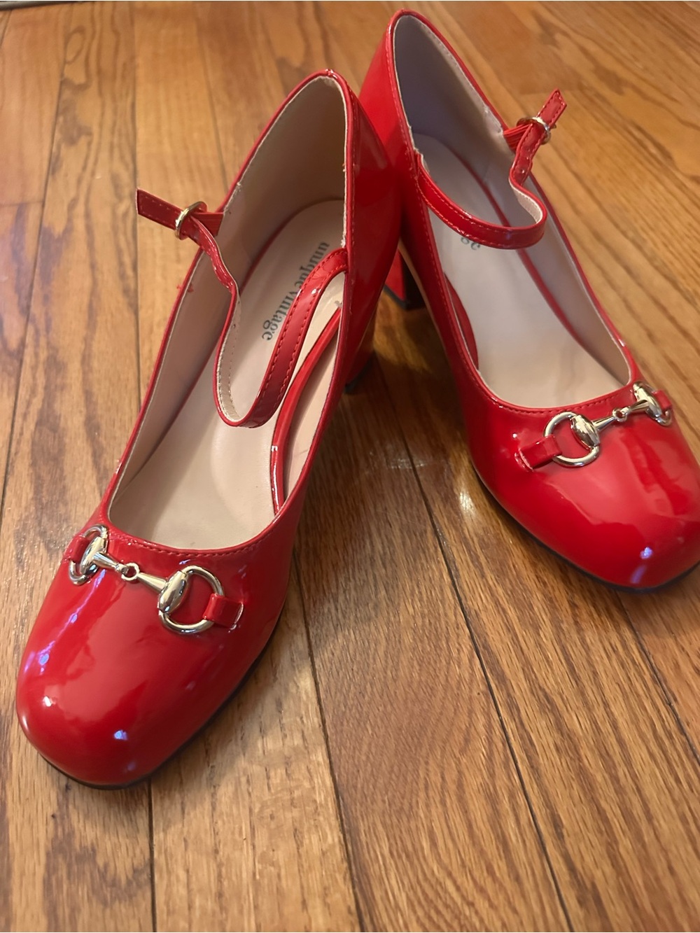 Unique Vintage Red Patent Mary Jane Pumps with Gold Bit